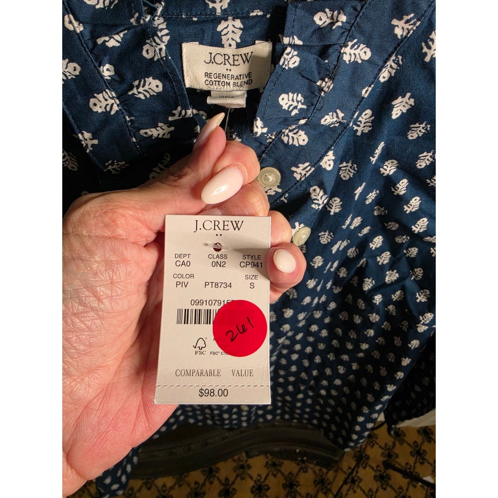 J.Crew Ruffle Collar Button Down Shirt Navy White Block Print CP941 Womens S NEW - Picture 3 of 7